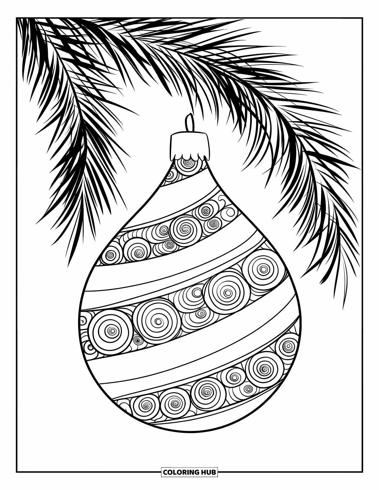 Ornament Coloring Page for Adults: A teardrop ornament hangs from a branch, filled with swirling zentangle patterns