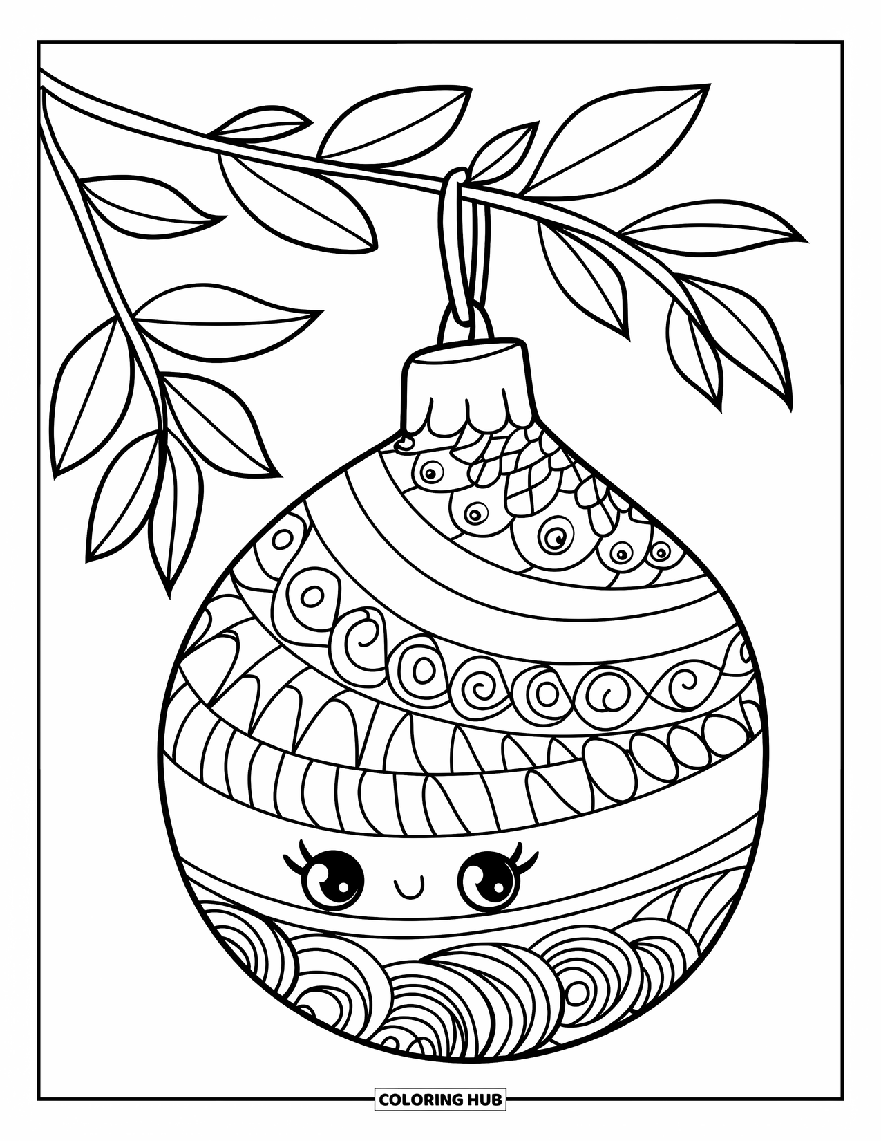 Ornament Coloring Page for Adults: A teardrop ornament with leafy swirls hangs from a branch above soft leaves
