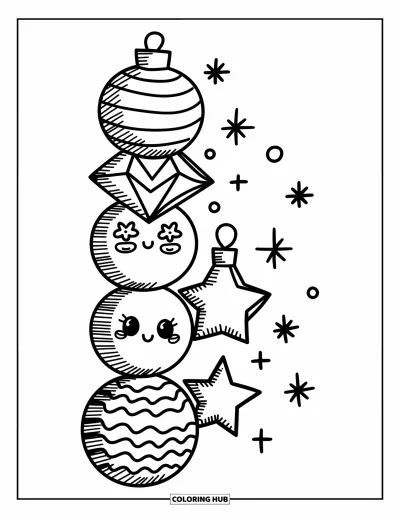 Coloriage de boules de Noël pour adultes : Une rangée verticale de boules kawaii avec des motifs floraux et en vagues