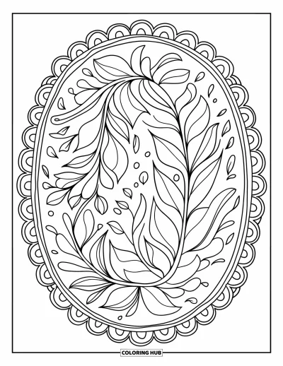 Coloriage de boules de Noël pour adultes : Une élégante boule ovale aux détails feuillus encadrée de dentelle dans une composition sereine