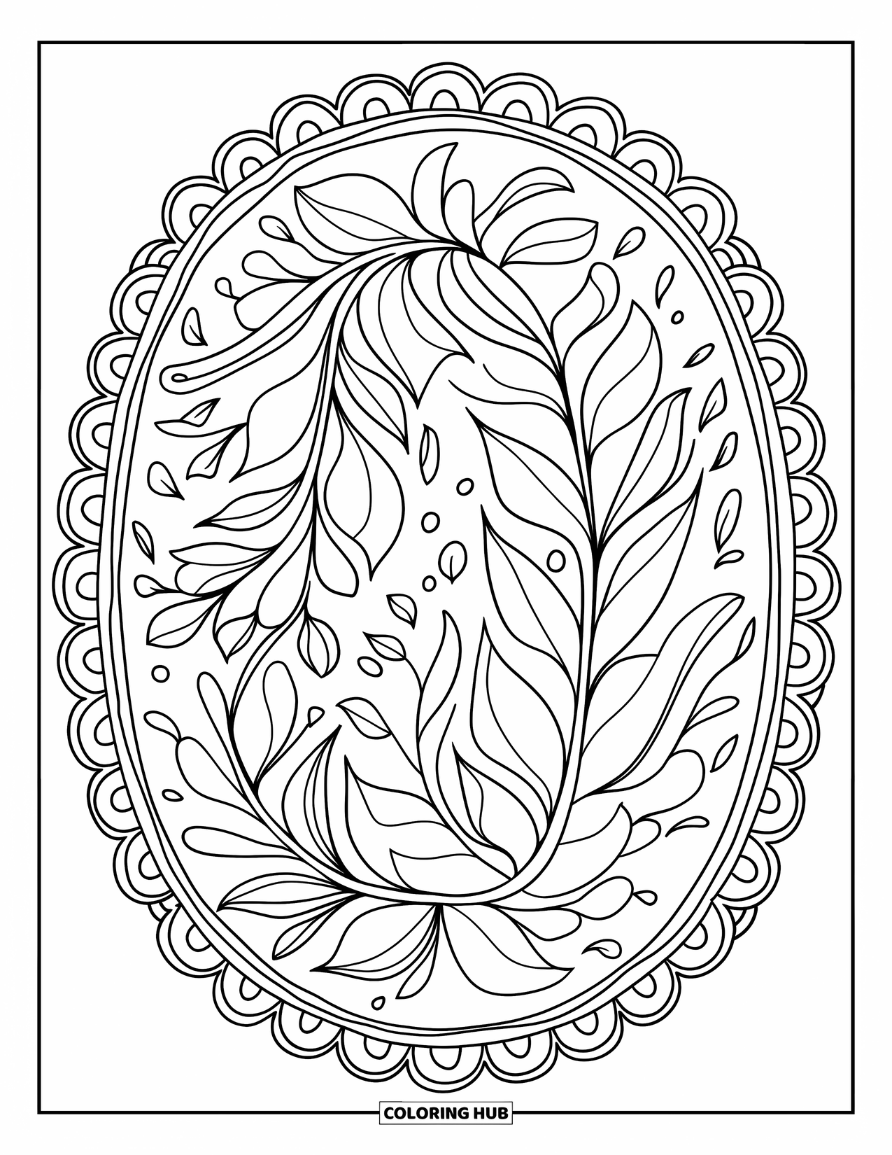 Ornament Coloring Page for Adults: An elegant oval ornament with leafy details is framed with lace in a calm layout