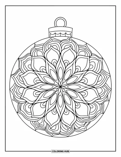 Coloriage de boules de Noël pour adultes : Une boule remplie de motifs en mandala sur un fond épuré