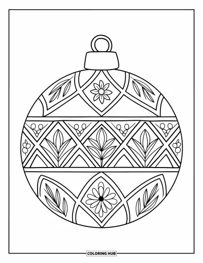 Coloriage de boules de Noël pour adultes : Une boule avec des détails en treillis floral centrée sur un fond simple