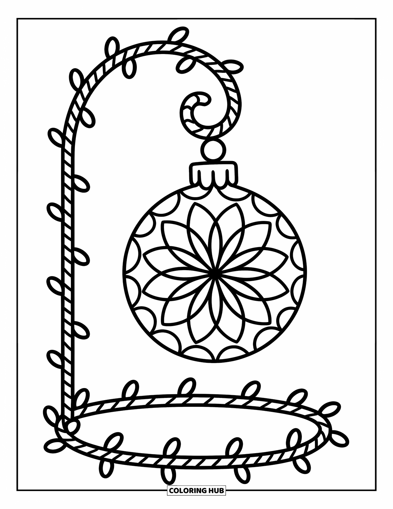 Ornament Coloring Page for Adults: An ornament with floral rings swings from a candy-cane hook with gentle curls around it