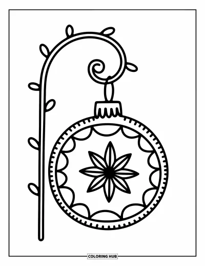 Coloriage de boules de Noël pour adultes : Une boule avec des pétales et des anneaux suspendue à un support en forme de canne en sucre d'orge