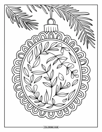 Coloriage de boules de Noël pour adultes : Une boule ovale aux fioritures feuillues suspendue à une branche dans un cadre en dentelle
