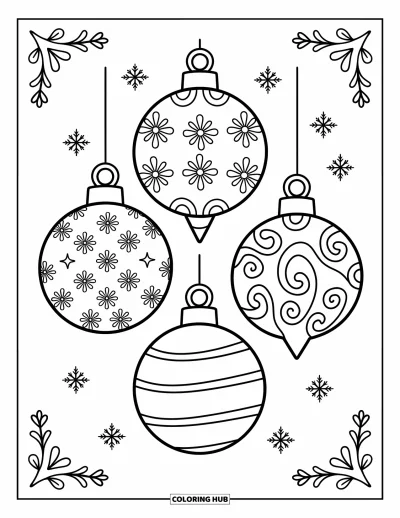 Coloriage de boules de Noël pour adultes : Des boules florales, géométriques et en ruban dans un cadre arrondi avec des flocons et des fioritures