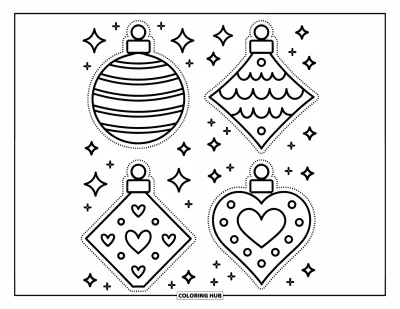 Coloriage de boules de Noël pour adultes : Quatre jolies boules dans une mise en page soignée avec des étoiles, des fleurs et des détails festonnés
