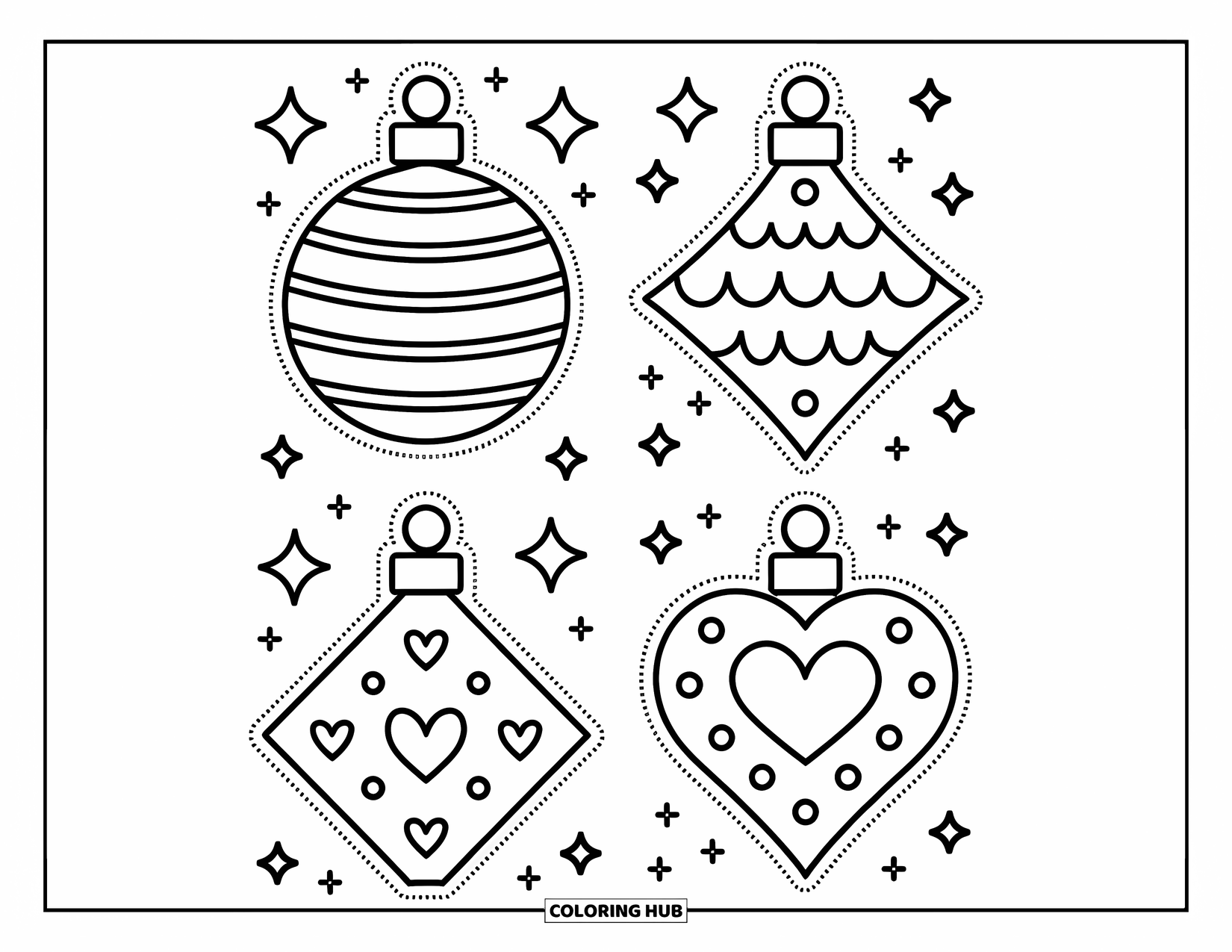 Ornament Coloring Page for Adults: Four cute ornaments in a tidy layout sparkle with stars, florals, and scalloped details