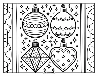 Coloriage de boules de Noël pour adultes : Quatre jolies boules — ronde, en larme, en losange et en cœur — dans une grille lumineuse