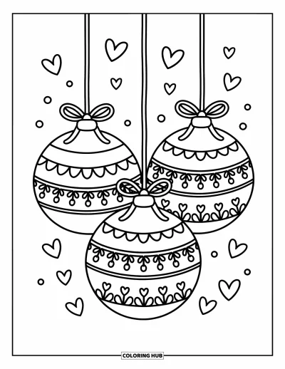 Coloriage de boules de Noël pour adultes : Des boules rondes ajourées côte à côte, surmontées de nœuds et entourées de cœurs et de points