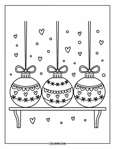 Coloriage de boules de Noël pour adultes : Des boules aux motifs délicats posées sur une étagère sous des nœuds et des cœurs qui dérivent