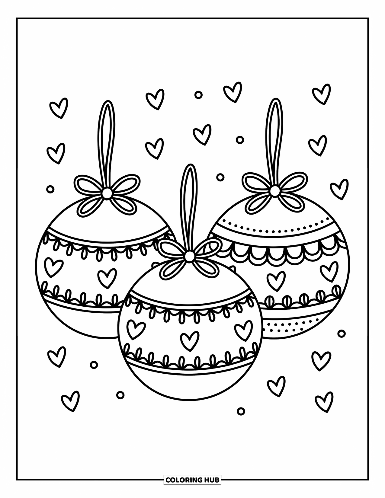 Ornament Coloring Page for Adults: Three cozy ornaments decorated with scallops and hearts rest beneath floating sparkles