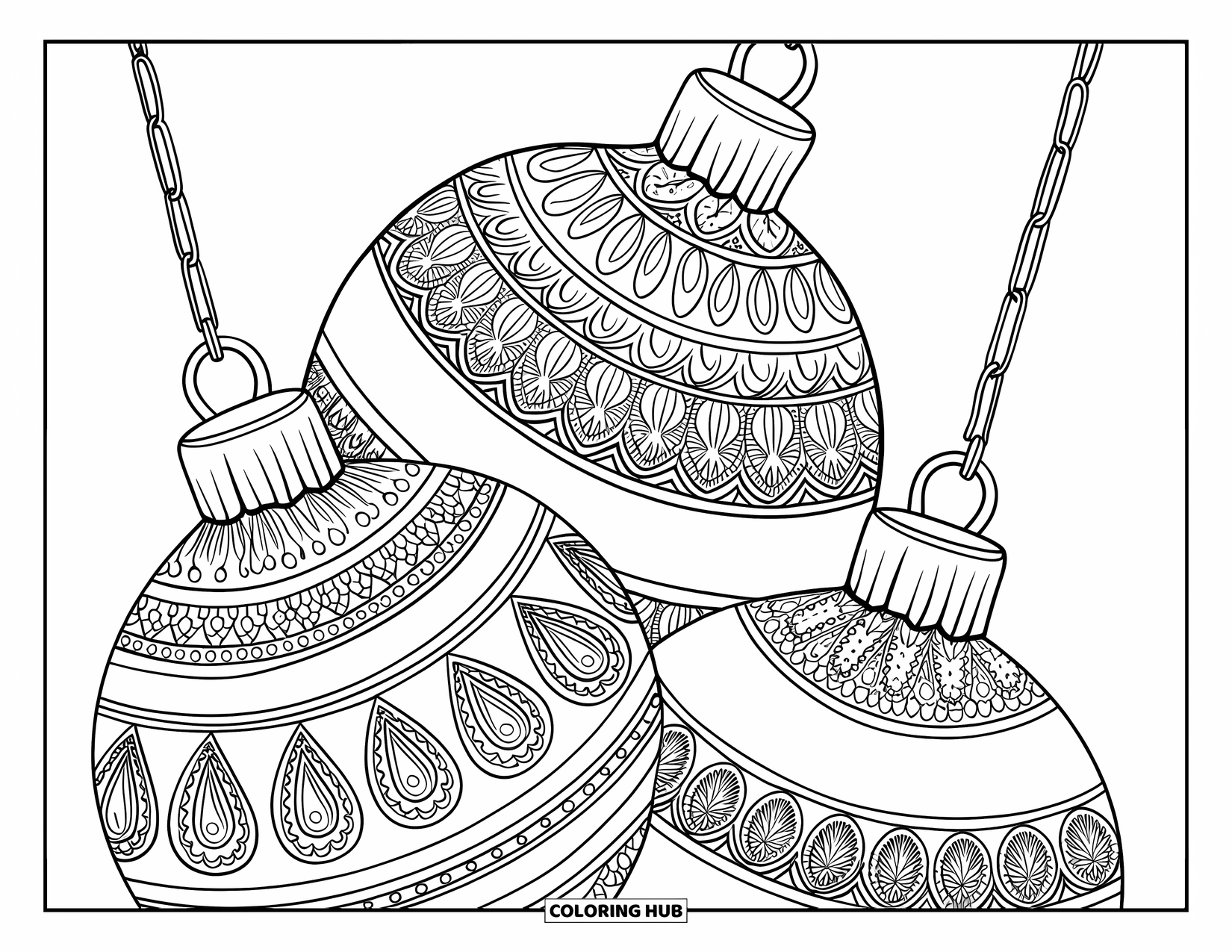 Ornament Coloring Page for Adults: Three detailed baubles with paisley patterns hang together in a delicate overlapping design
