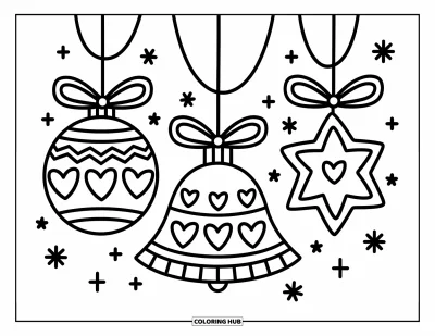 Coloriage de boules de Noël pour adultes : Trois boules suspendues aux motifs variés flottant parmi des points brillants et un charme festif