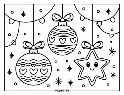 Coloriage de boules de Noël pour adultes : Trois boules avec des cœurs, des rayures et des flocons de neige qui se balancent joyeusement parmi des paillettes