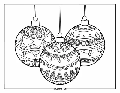Coloriage de boules de Noël pour adultes : Trois boules aux motifs cachemire suspendues à une branche dans une composition douce et festive