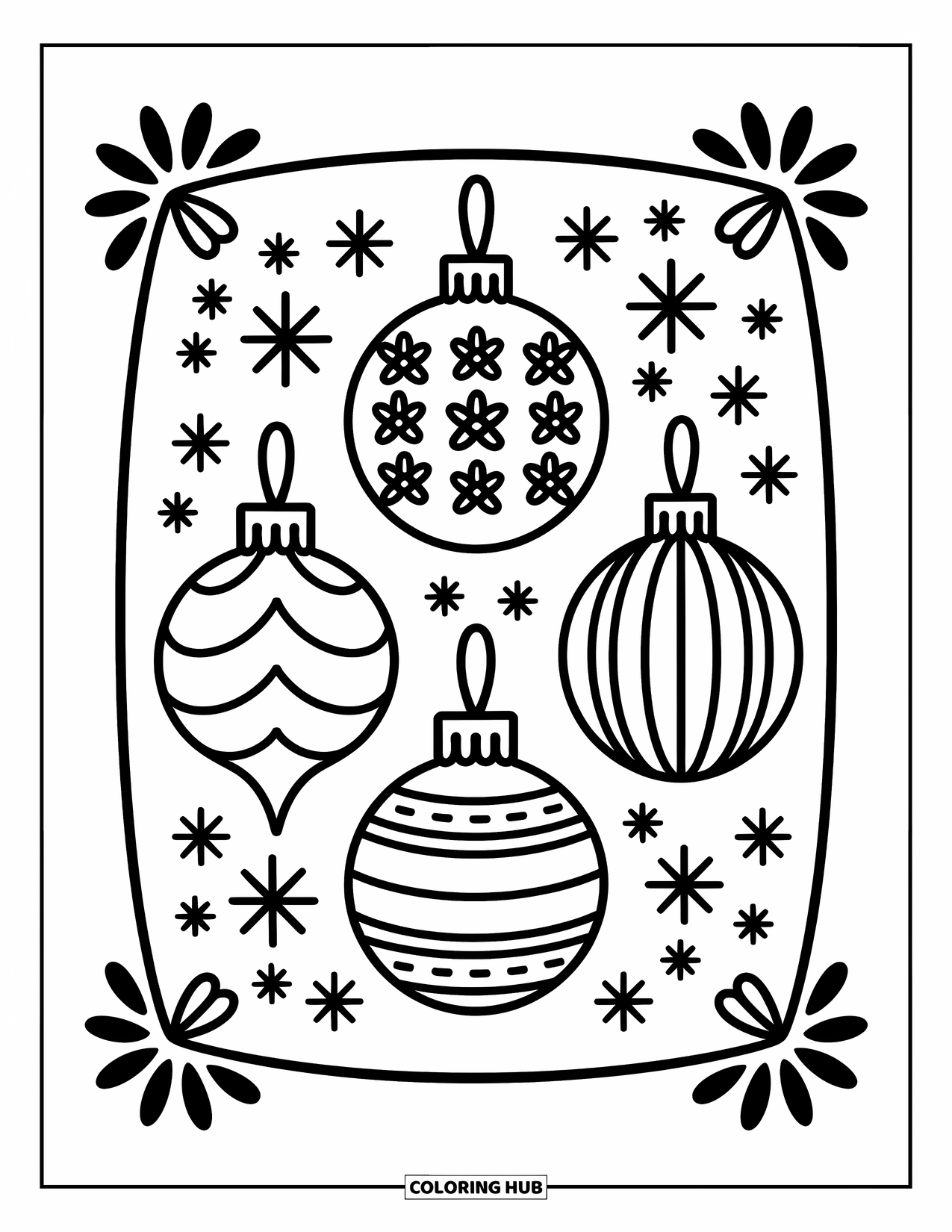 Ornament Coloring Page for Adults: Three patterned ornaments rest in a rectangle with snowflakes and swirls at each corner