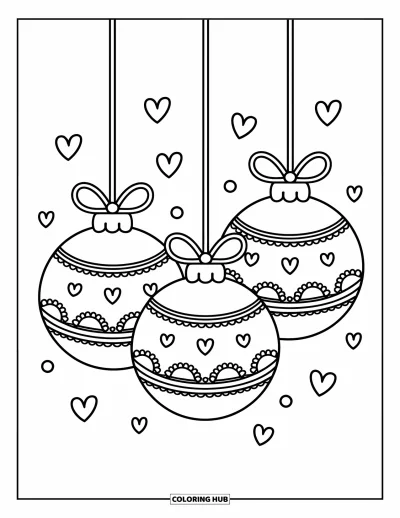 Coloriage de boules de Noël pour adultes : Trois boules rondes aux motifs dentellés sous des fils et des cœurs flottants