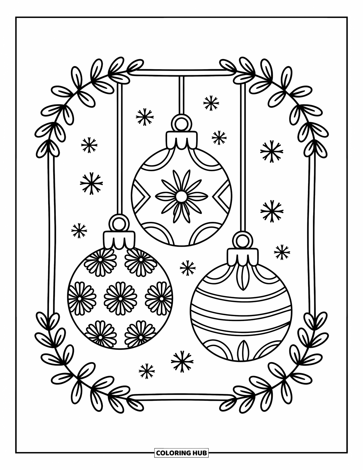 Ornament Coloring Page for Adults: Three unique ornaments sit inside a soft frame with corner flourishes and mini snowflakes