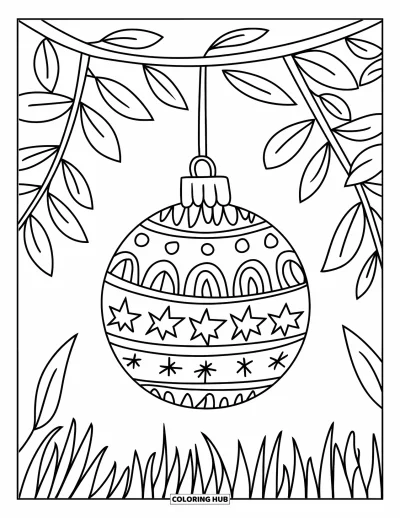 Coloriage de boules de Noël pour enfants : Une boule à motifs et à feuilles suspendue au-dessus d'un sol herbeux