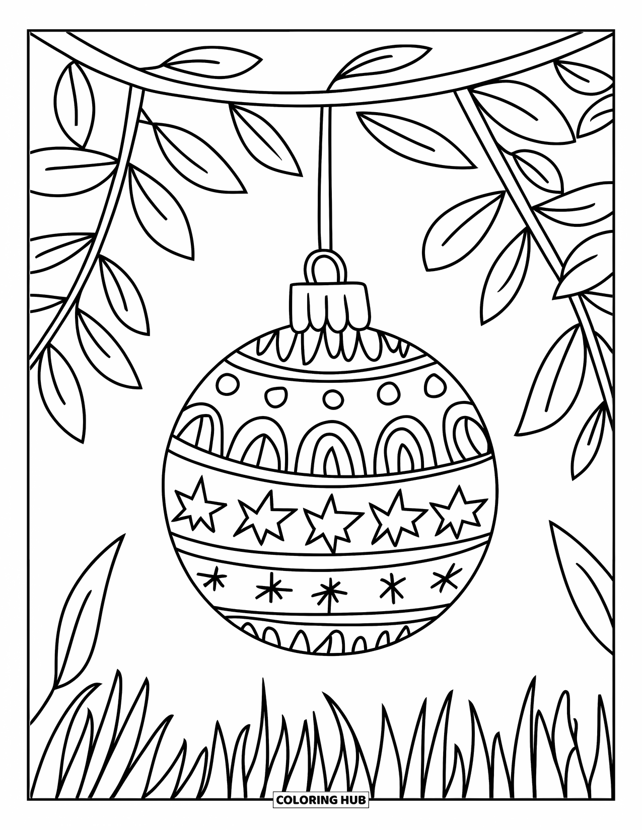 Ornament Coloring Page for Kids: Bauble with patterns and leaves hangs above a grassy ground