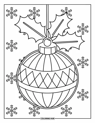 Coloriage de boules de Noël pour enfants : Une cloche ornementale avec de grandes feuilles de houx qui scintille parmi des flocons de neige