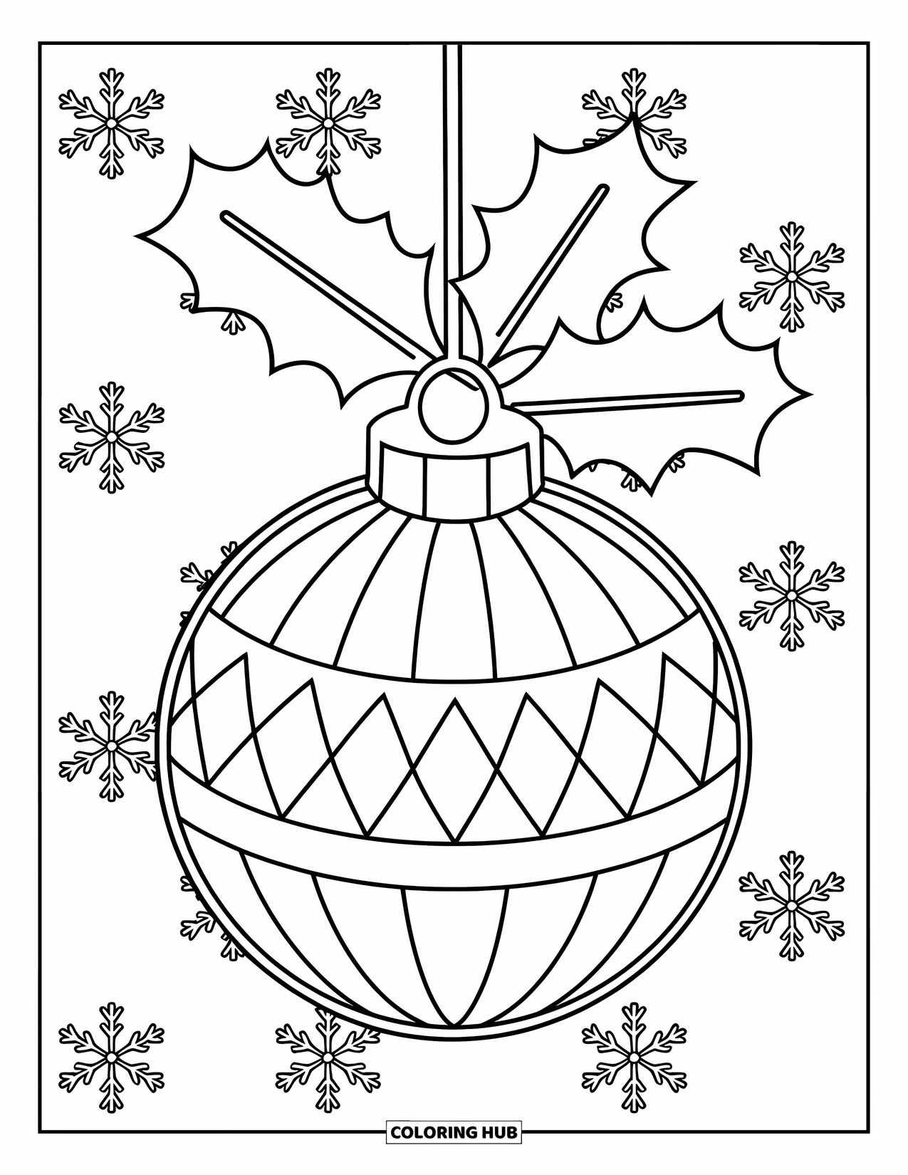 Ornament Coloring Page for Kids: Bell ornament with bold holly leaves sparkles beside falling snowflakes
