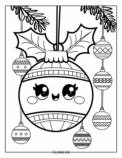 Coloriage de boules de Noël pour enfants : Une cloche ornementale avec des feuilles de houx suspendue au-dessus de jolies boules à motifs