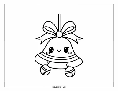 Coloriage de boules de Noël pour enfants : Une cloche avec un nœud en ruban et des grelots qui se balance sur une branche