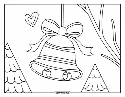 Coloriage de boules de Noël pour enfants : Une cloche avec un ruban et un pendentif en cœur dans une scène enneigée