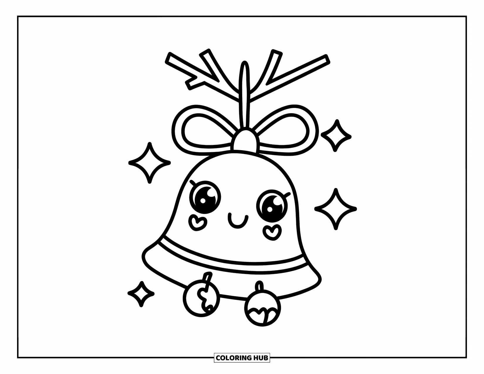 Ornament Coloring Page for Kids: Bell with ribbon and two stars sparkles on a branch