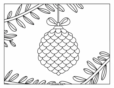 Coloriage de boules de Noël pour enfants : Une ronde pomme de pin ornementale avec un ruban et des détails de branche feuillue