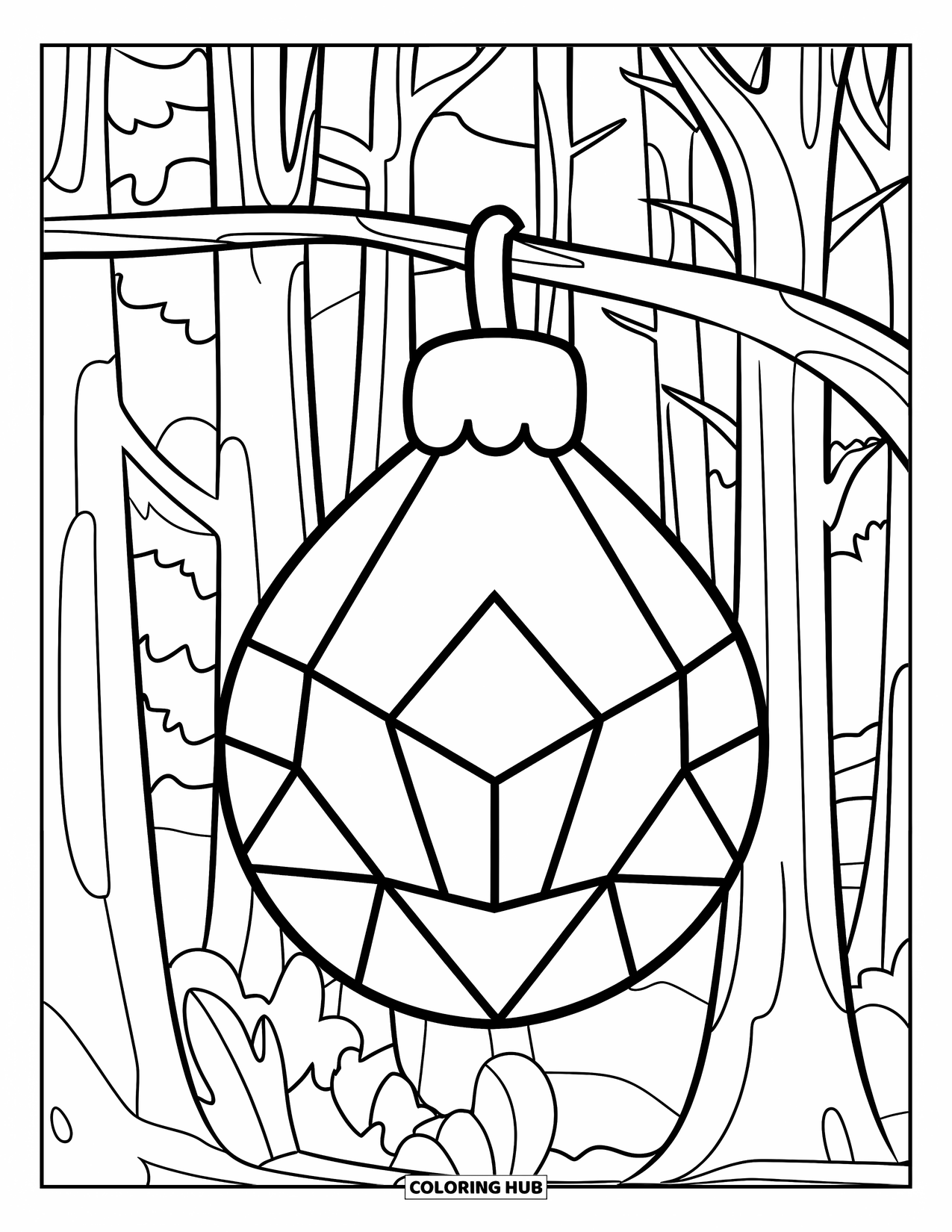 Ornament Coloring Page for Kids: Chunky crystal ornament hangs from a branch in a forest scene