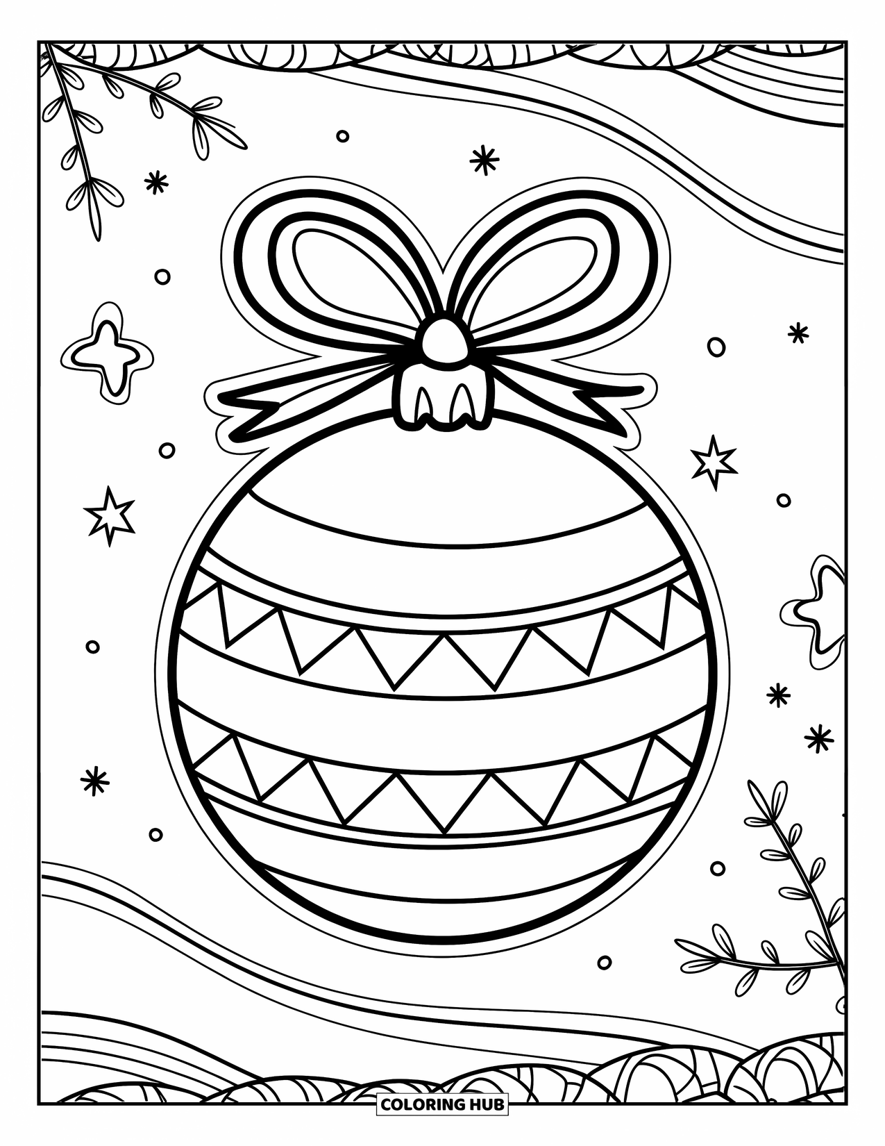 Ornament Coloring Page for Kids: Chunky round ornament with a bow and zigzag rests in a cozy spot