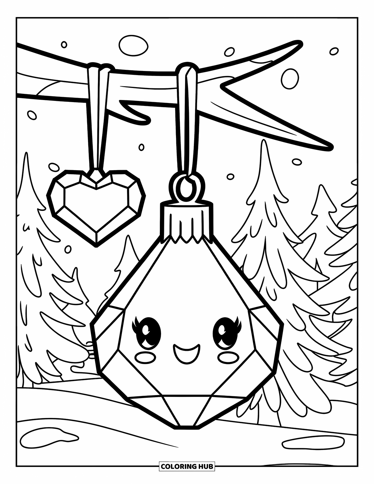 Ornament Coloring Page for Kids: Crystal and heart ornaments hang above snowy trees
