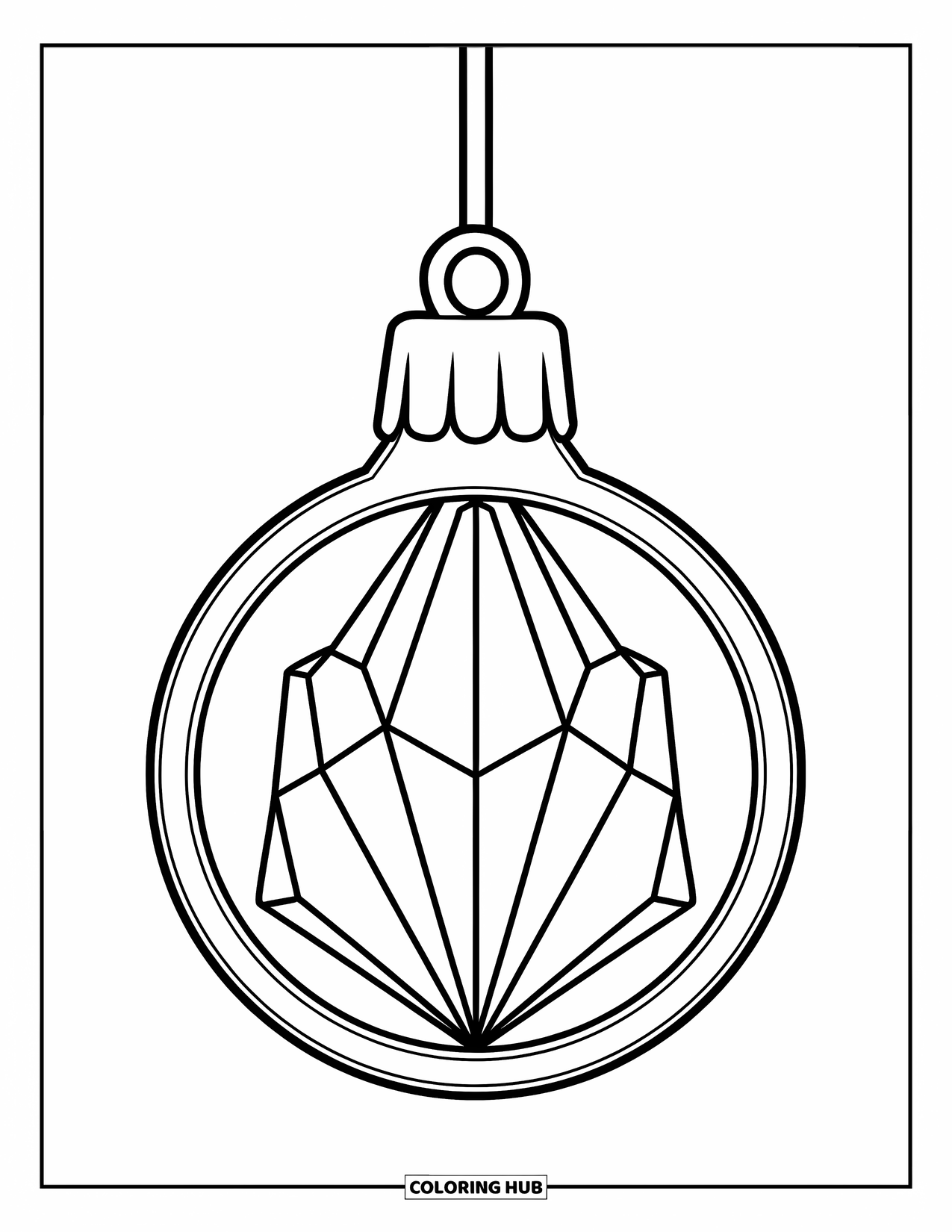 Ornament Coloring Page for Kids: Crystal droplet ornament with bold edges hangs from a string