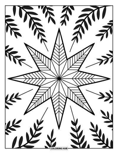 Coloriage de boules de Noël pour enfants : Une jolie étoile festonnée sur une branche feuillue avec des détails chaleureux