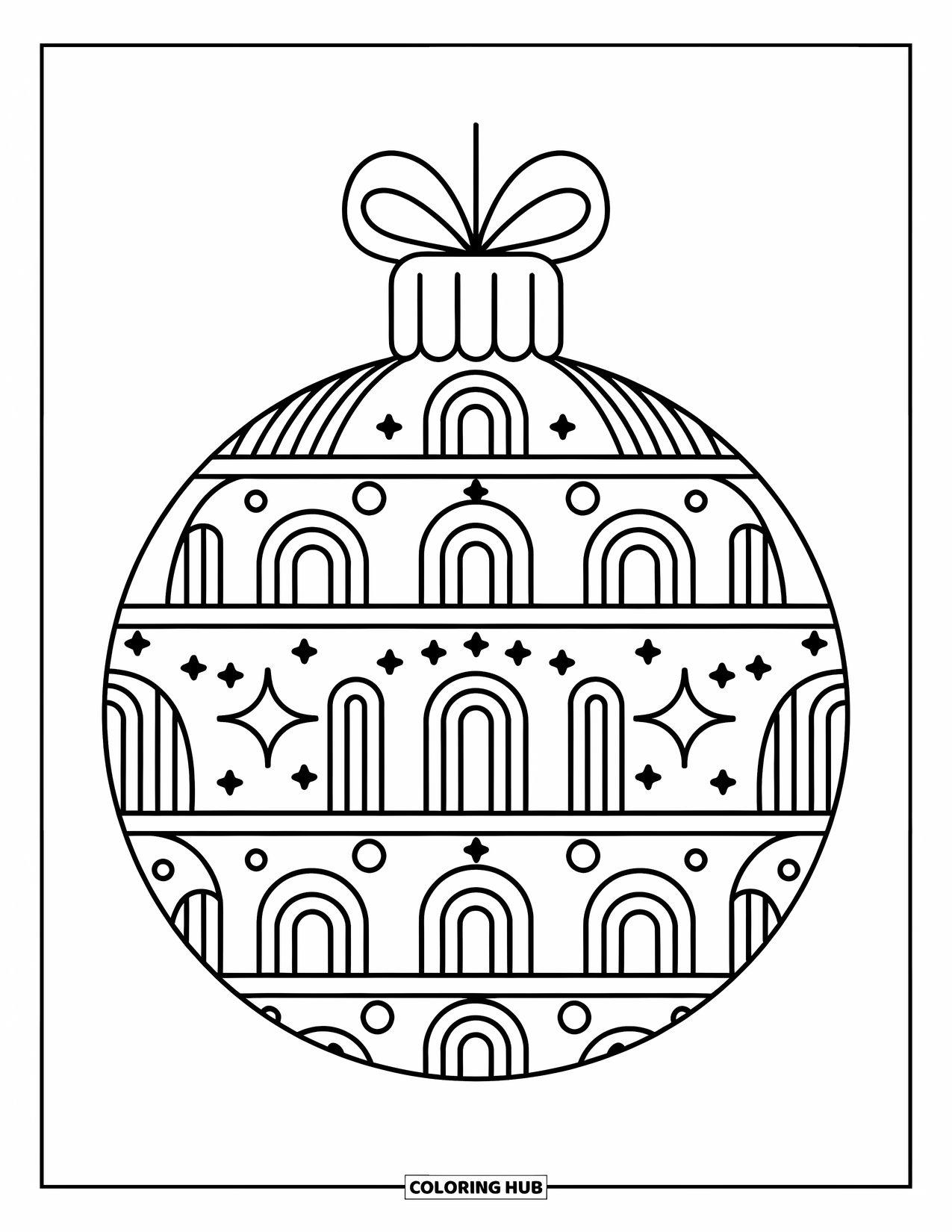 Ornament Coloring Page for Kids: Festive bauble with arches and stars styled in a fun, modern design
