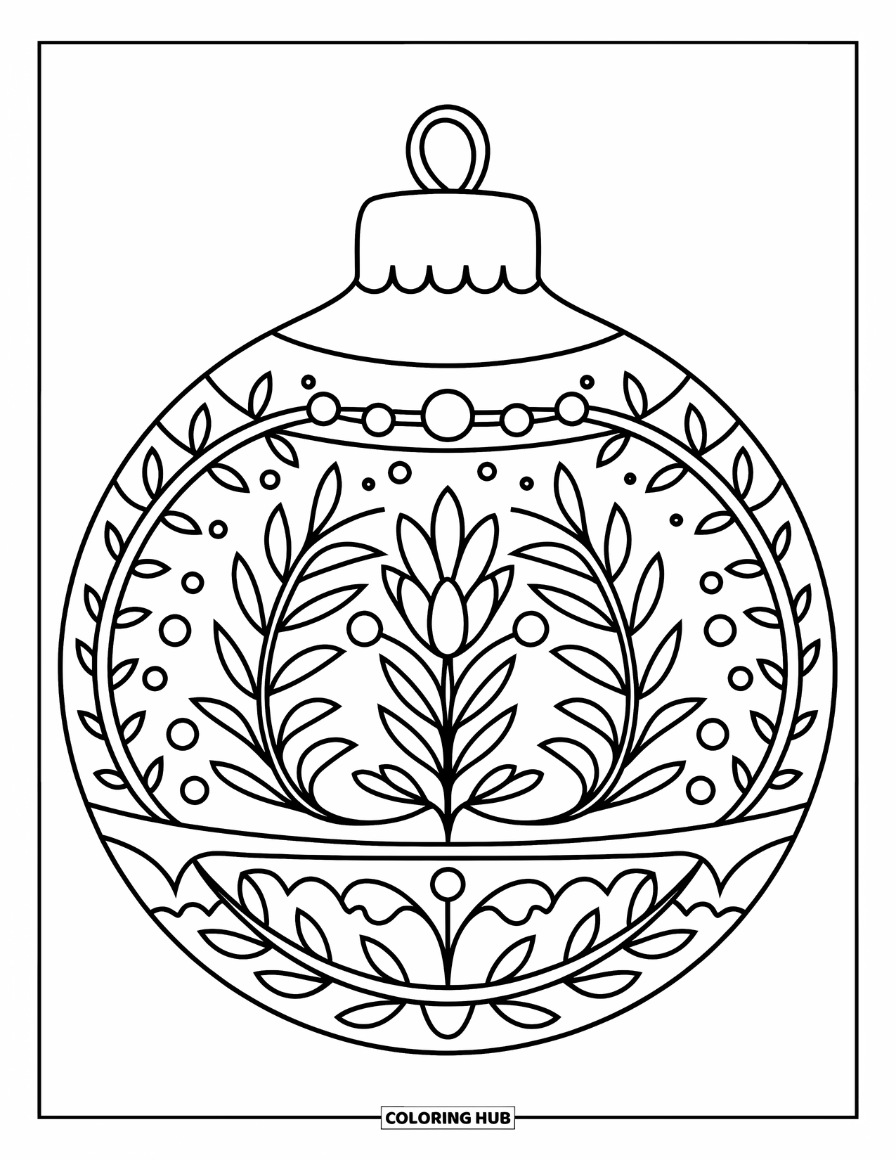 Ornament Coloring Page for Kids: Festive ornament with floral and vine details, styled for a modern touch