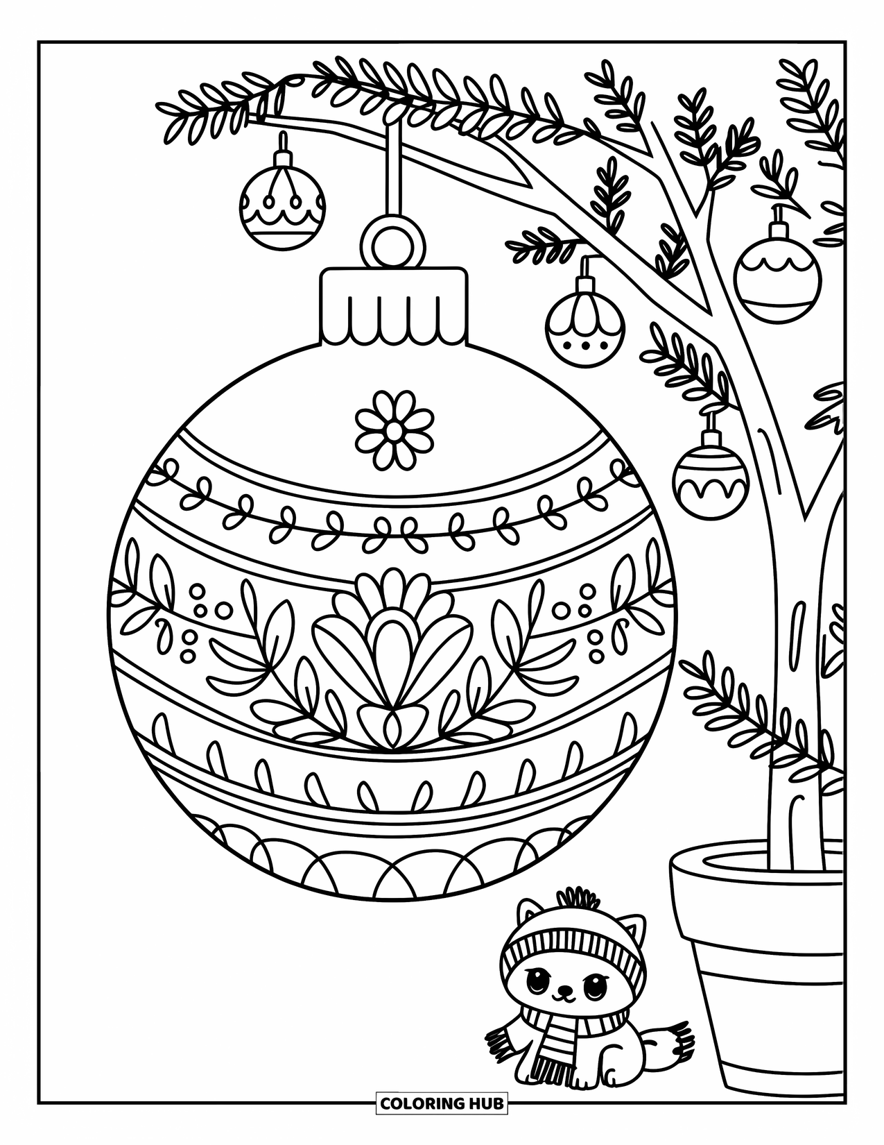 Ornament Coloring Page for Kids: Floral ornament on a tree with cozy décor and a scarfed critter nearby