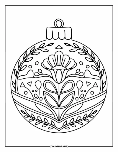 Coloriage de boules de Noël pour enfants : Une boule fleurie avec des lianes et un style chaleureux, idéale pour colorier en toute détente