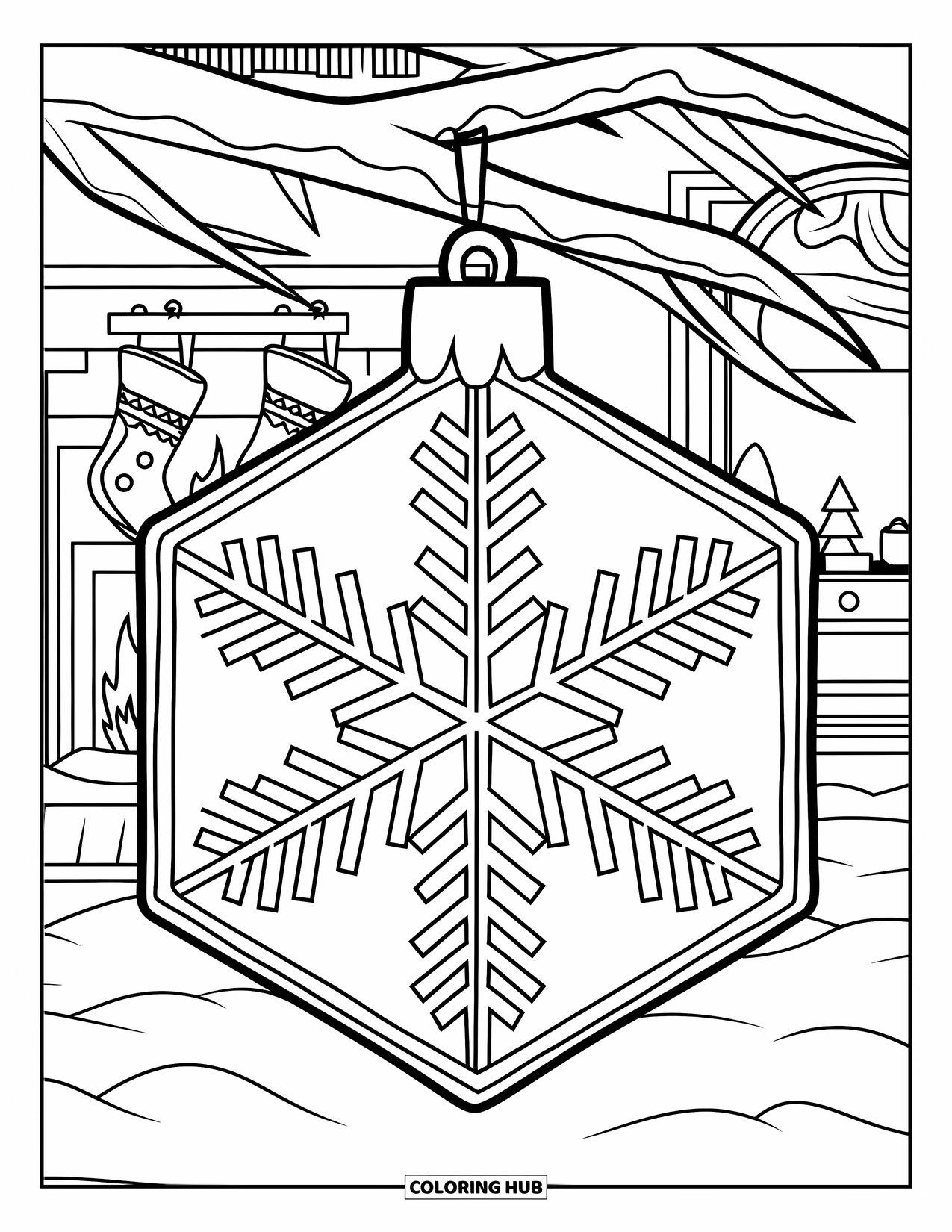Ornament Coloring Page for Kids: Hexagon ornament with snowflakes hangs above a cozy fireplace