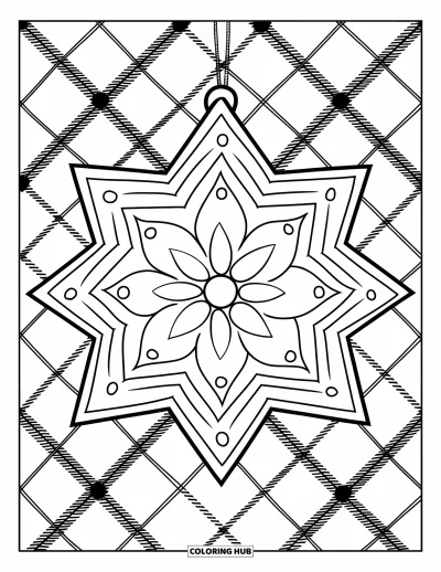Coloriage de boules de Noël pour enfants : Une étoile en couches repose sur un fond à carreaux douillet