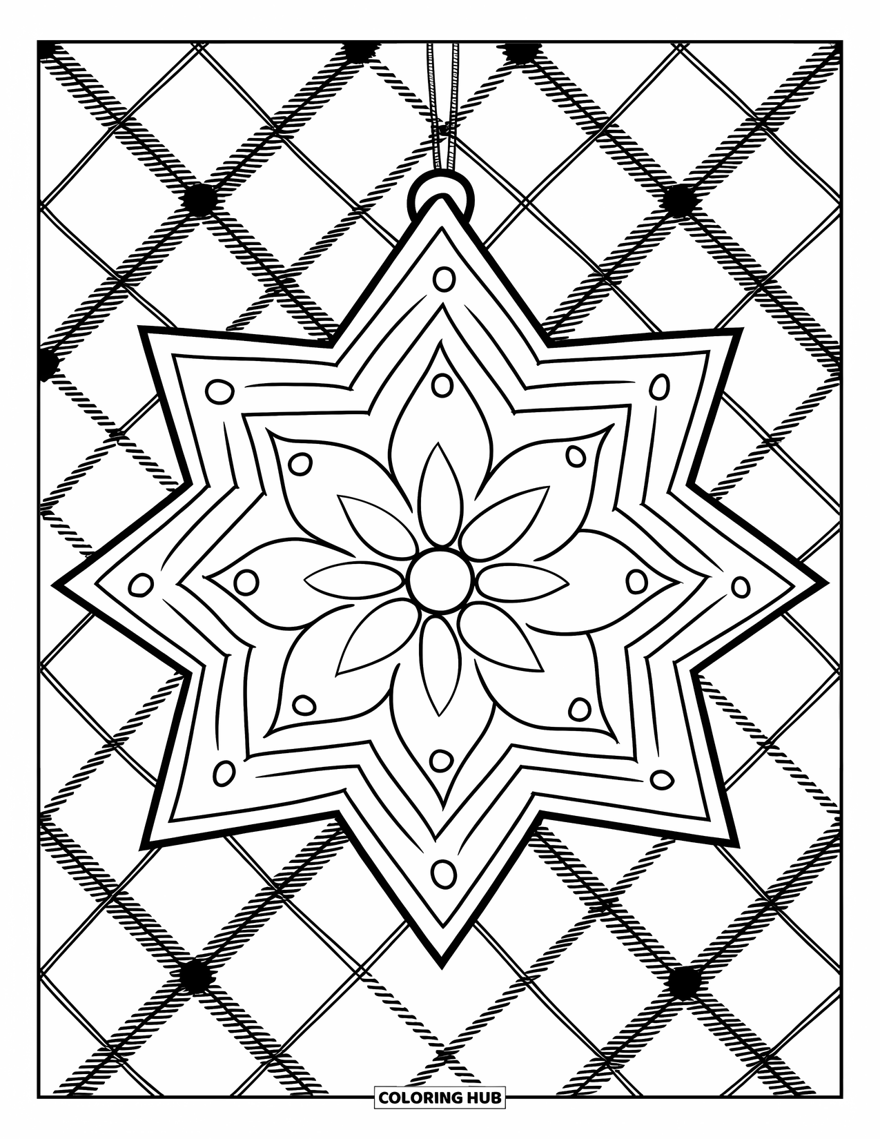 Ornament Coloring Page for Kids: Layered star ornament lies on a cozy plaid background