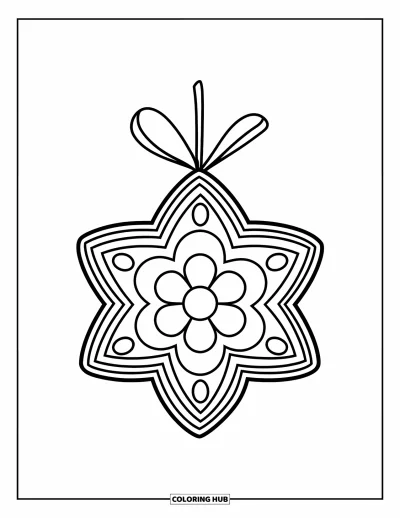 Coloriage de boules de Noël pour enfants : Une étoile en couches avec des rayons pointillés et un cœur floral suspendue à une branche