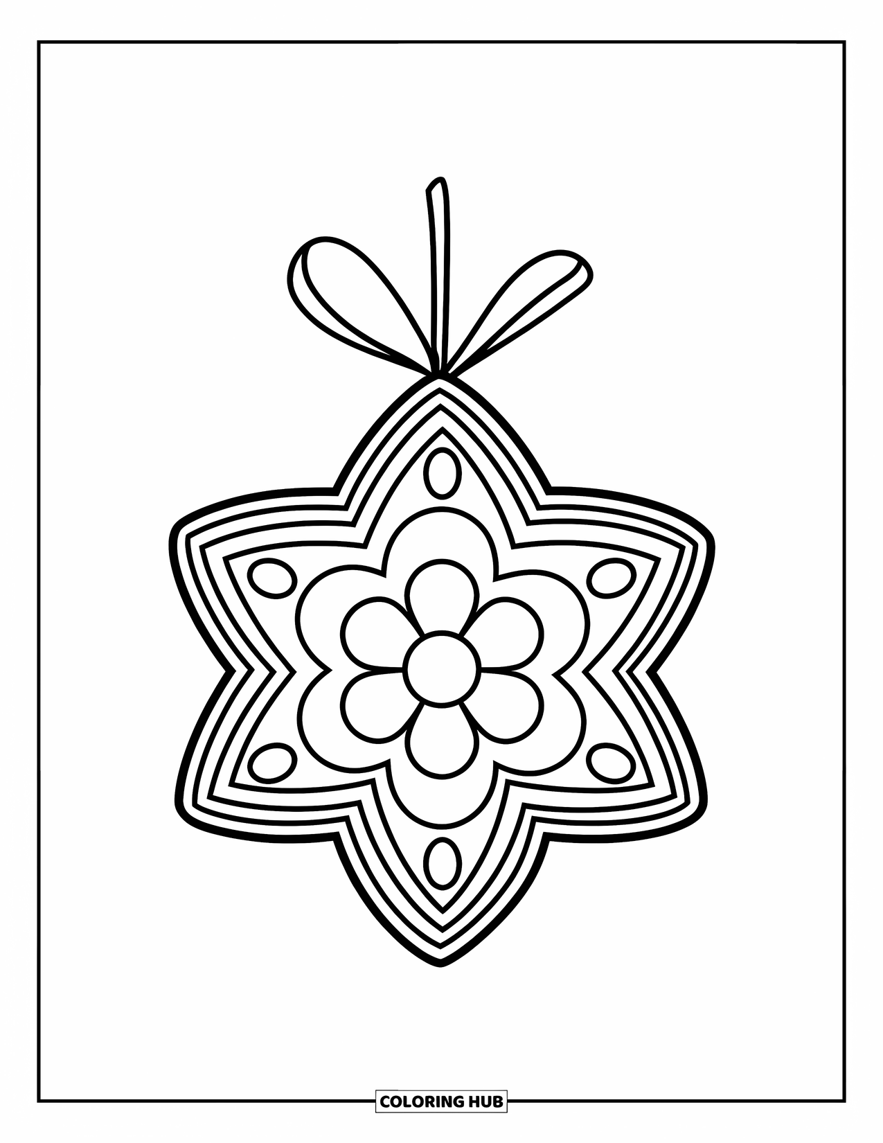 Ornament Coloring Page for Kids: Layered star ornament with dotted rays and flower center hangs from a branch