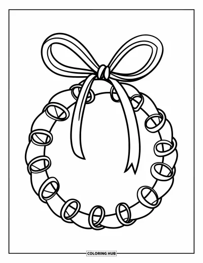 Coloriage de boules de Noël pour enfants : Une boule en boucles de ruban avec un nœud s'enroule joliment sur une page blanche épurée