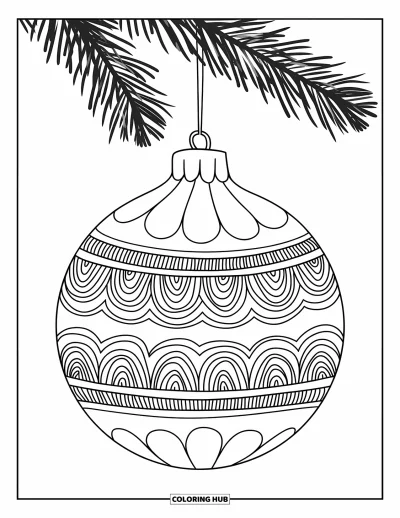 Coloriage de boules de Noël pour enfants : Une boule en forme d'oignon avec trois anneaux à motifs suspendue à une branche