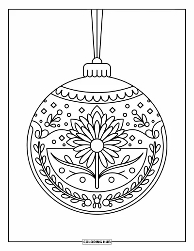 Coloriage de boules de Noël pour enfants : Une boule avec un cœur floral et une bordure de lianes suspendue à une branche